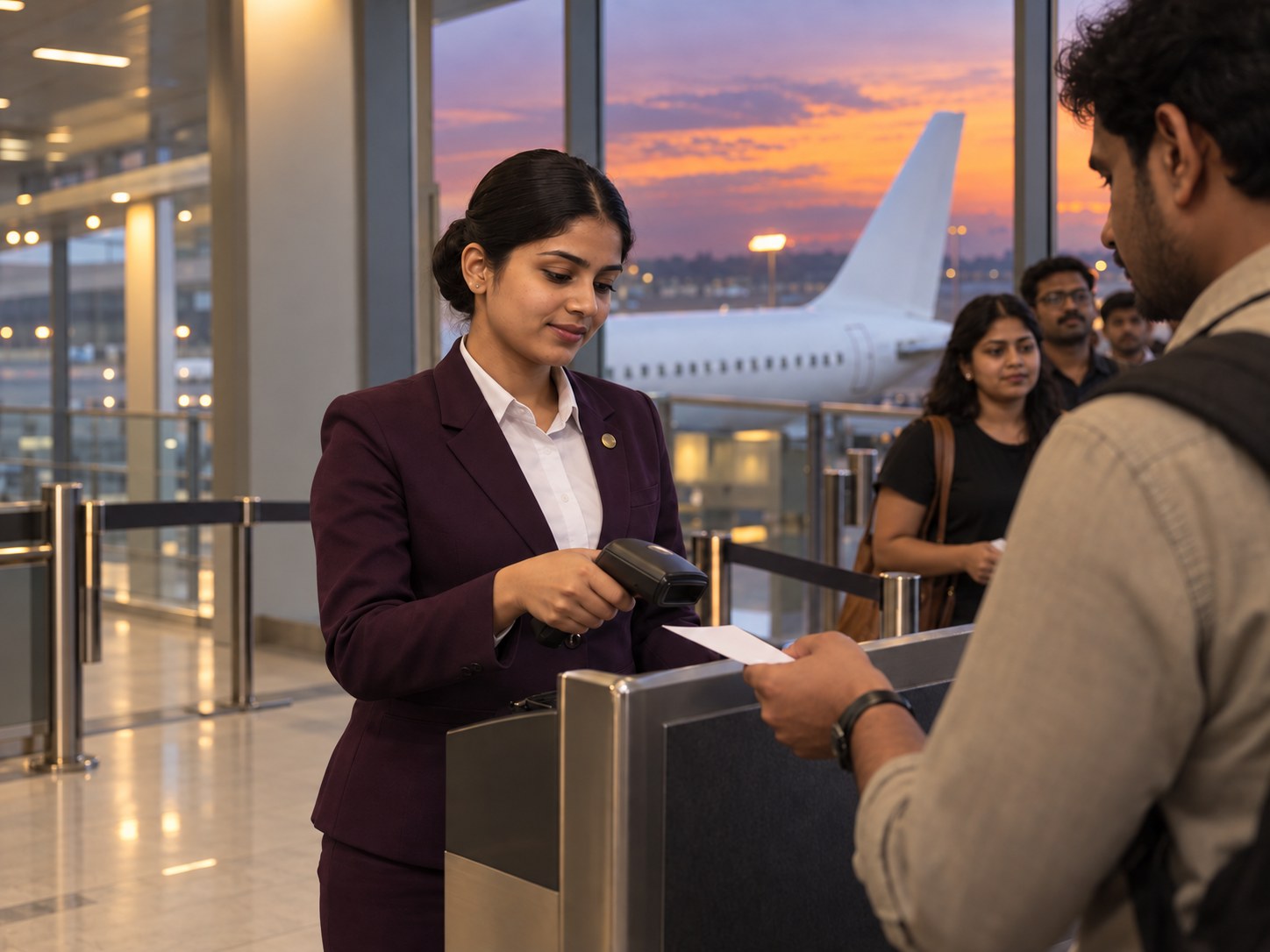 Airport ground staff member in a plum uniform scanning a passenger's boarding pass at the gate