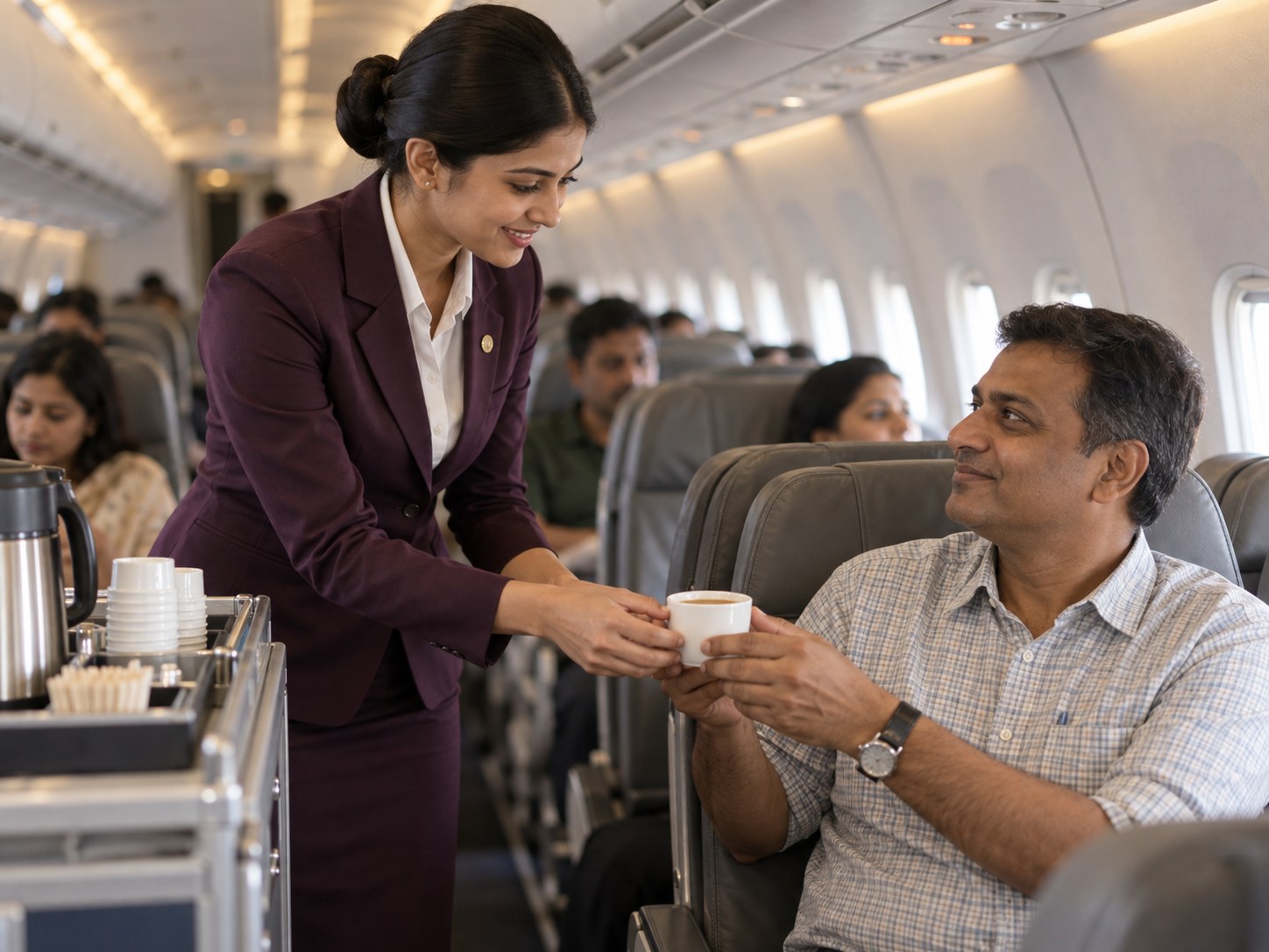 Cabin crew member in a plum uniform serving tea to a passenger mid-flight